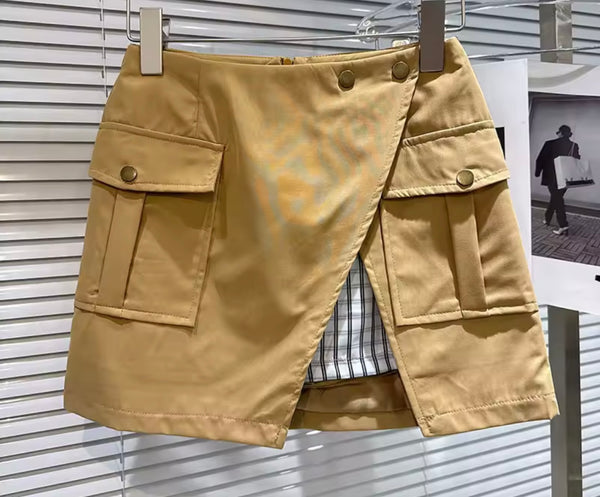 Women Fashion Khaki Jacket Two Piece Cargo Skirt Set