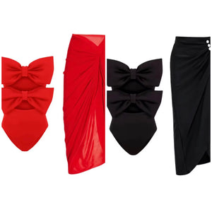 Women Sexy Strapless Bow Cut Out Swimsuit Cover Up Set