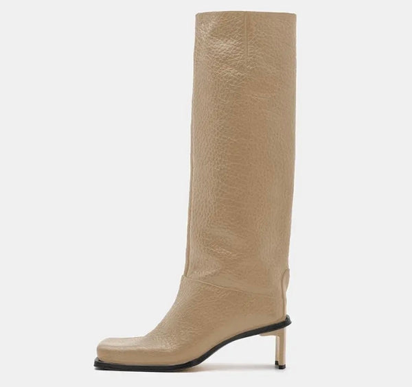 Women Square Toe Faux Leather Fashion Knee High Boots