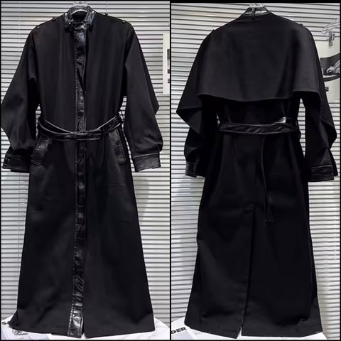 Women Black Button Up PU Patchwork Long Trench Jacket