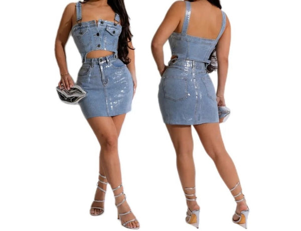 Women Sleeveless Metallic Denim Sexy Two Piece Skirt Set