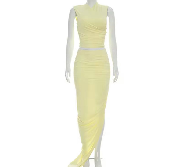 Women Sexy Sleeveless Yellow Two Piece Maxi Skirt Set