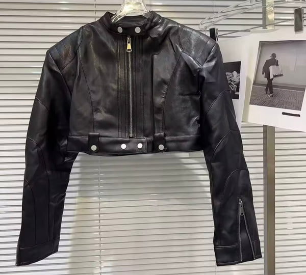 Women Fashion Zip Up Button Faux Leather Jacket