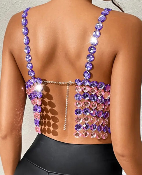 Women Sexy Color Patchwork Crystal Open Back Sleeveless Crop Top