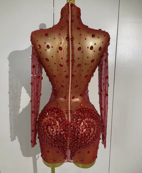 Women Sexy Turtleneck Full Sleeve Crystal Heart Mesh Dress
