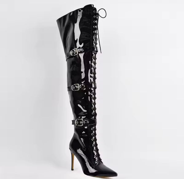 Women Fashion Black Patent Leather Buckled Over The Knee Boots