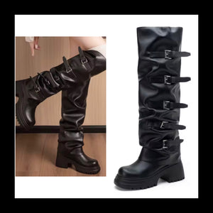 Women Black Buckled Platform Fashion Knee High Boots