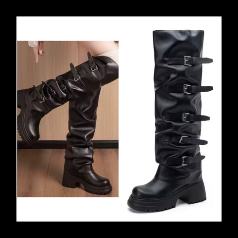 Women Black Buckled Platform Fashion Knee High Boots