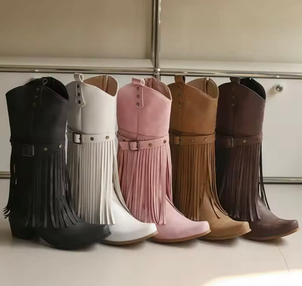 Women Fashion Fringe Tassel Knee High Western Boots