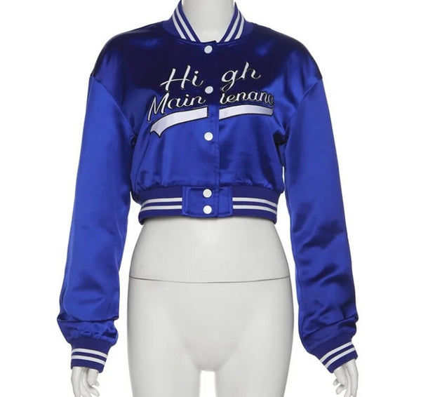 Women Fashion Letter Print Satin Varsity Crop Jacket