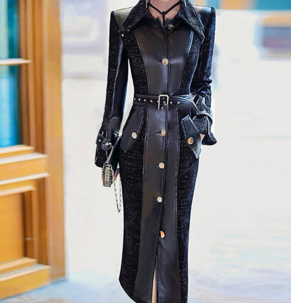 Women Fashion Black Faux Leather Platform Trench Jacket