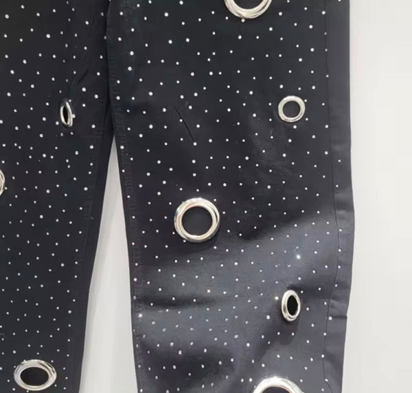 Women Fashion Black Bling Metal Ring Vest Two Piece Denim Pant Set