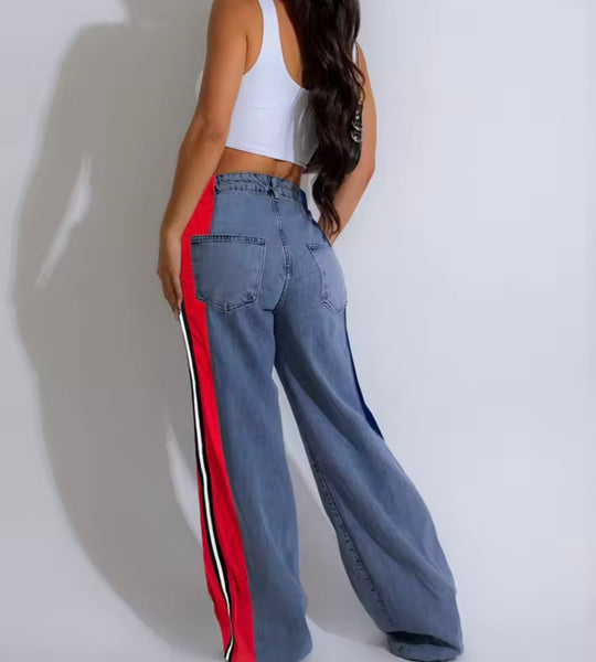 Women Fashion Color Patchwork Striped Denim Pants