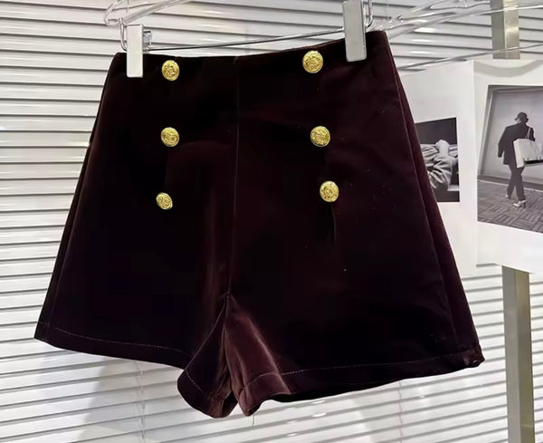 Women Fashion Velour Gold Button High Waist Shorts