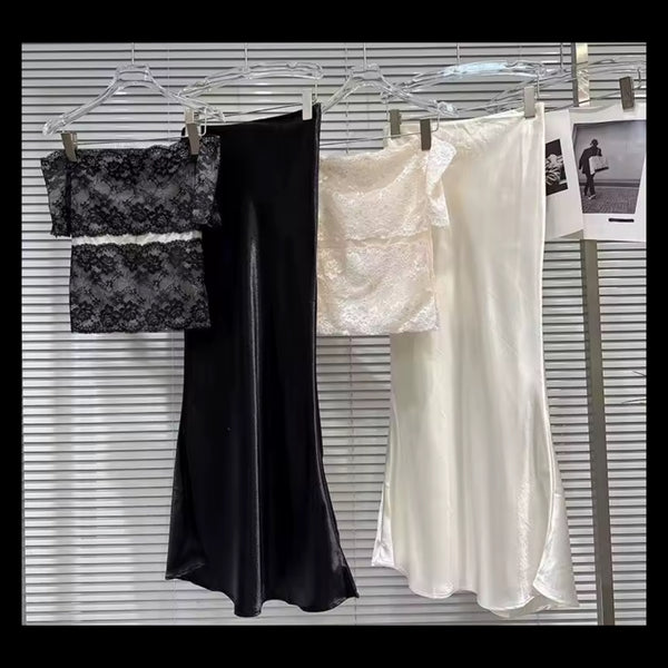 Women Lace Off The Shoulder Two Piece Satin Maxi Skirt Set
