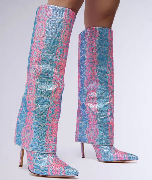 Women Fashion Color Patchwork Animal Print Knee High Boots
