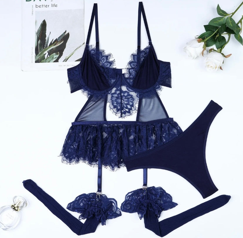 Women Sexy Sleeveless Lace Mesh Bodysuit Lingerie Set