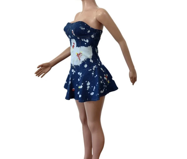 Women Sexy Strapless Printed Ruffled Denim Dress