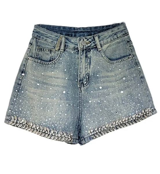 Women Fashion Bling Rhinestone Denim Shorts