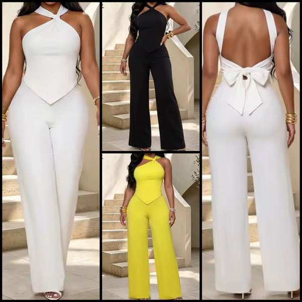 Women Halter Sleeveless Bow Open Back Two Piece Pant Set