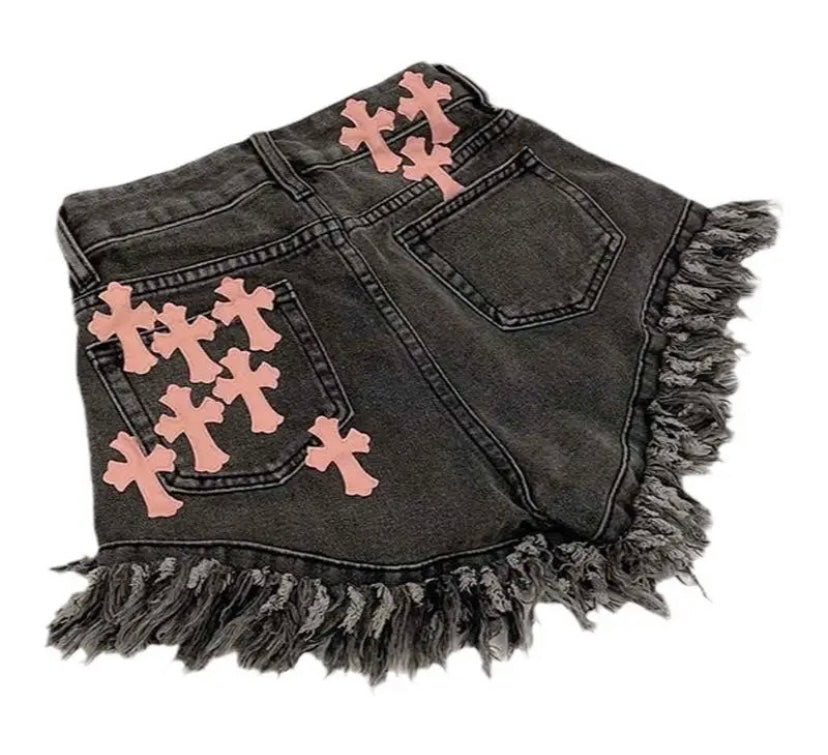 Women Fashion Fringe Color Cross Denim Shorts