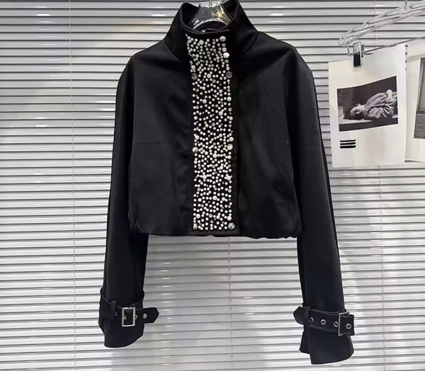 Women Fashion Pearl Bling Buckled Jacket