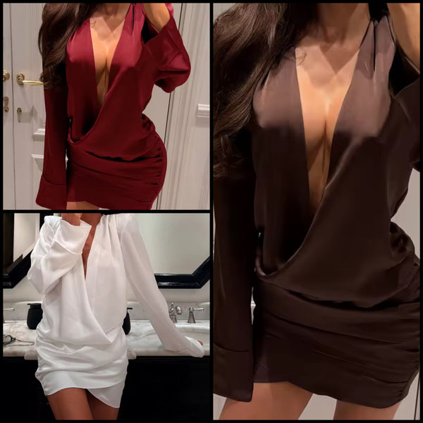 Women Sexy Deep V-Neck Ruche Full Sleeve Dress