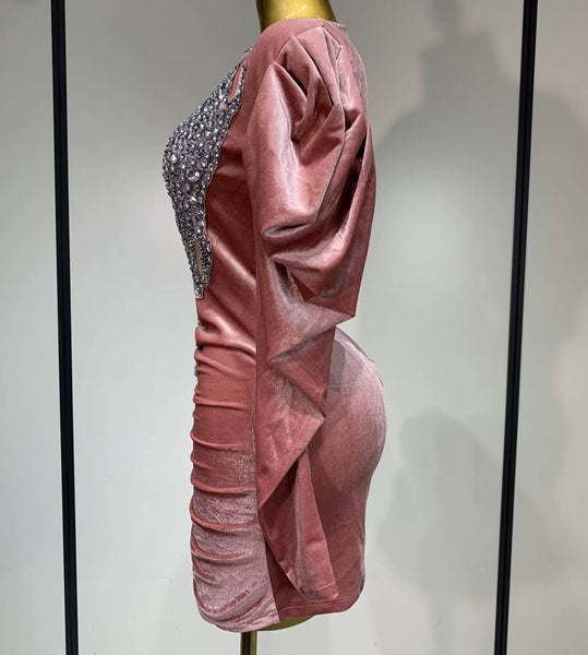 Women Sexy Velour Rhinestone Mesh Full Sleeve Ruched Dress