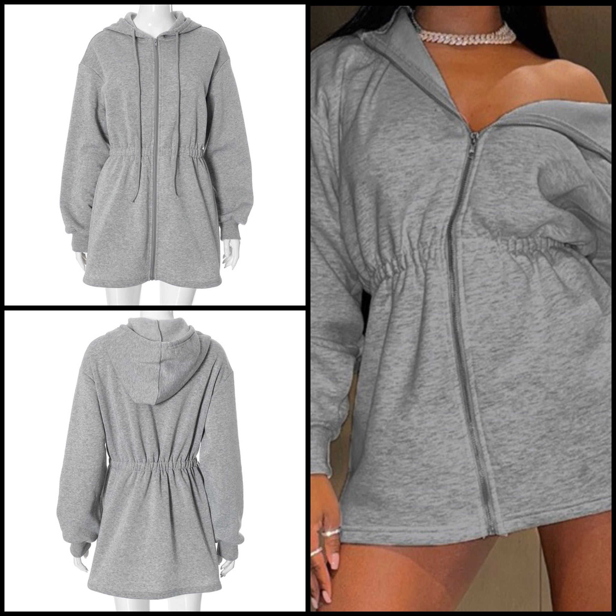 Women Gray Hooded Front Zipper Fashion Sweater Dress