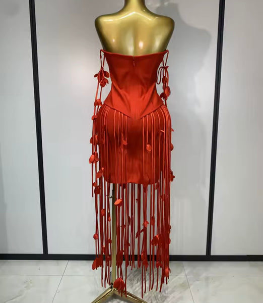 Women Sexy Strapless Floral Fringe Tassel Dress