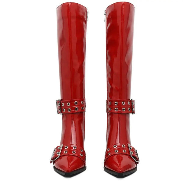 Women Fashion Pointed Toe Buckled Flat Knee High Boots
