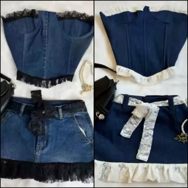 Women Sexy Strapless Denim Lace Patchwork Two Piece Skirt Set