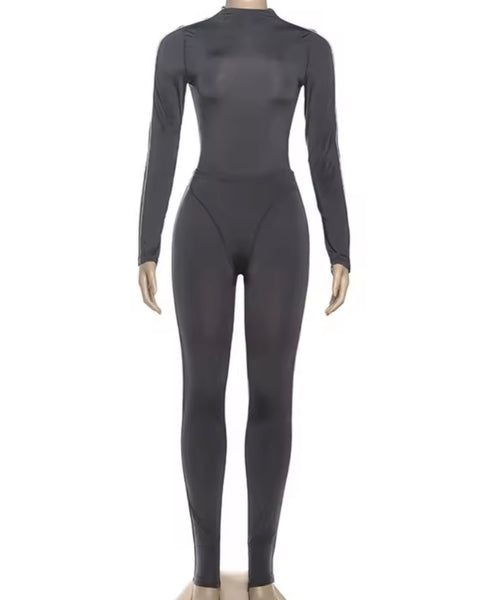 Women Gray See Through Full Sleeve Bodysuit Two Piece Pant Set