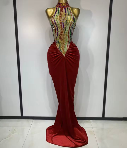 Women Halter Sleeveless Velvet Multicolored Rhinestone Maxi Dress