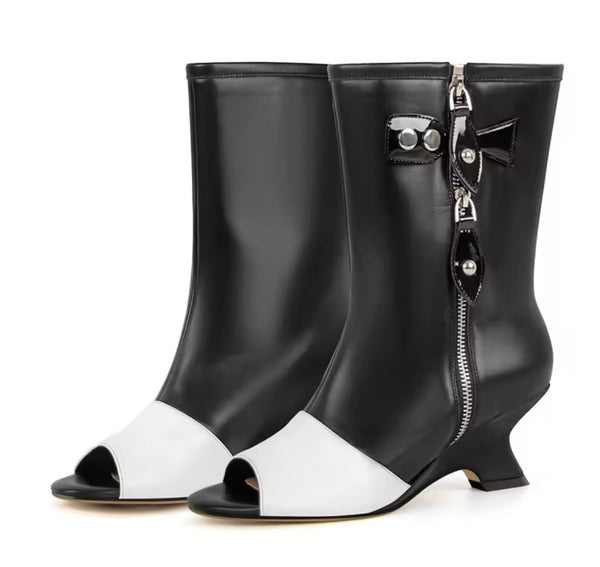 Women Fashion B&W Open Toe Zip Up Buckled Ankle/Knee High Boots