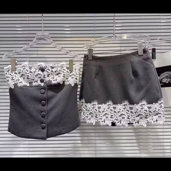 Women Strapless Button Up Lace Patchwork Two Piece Skirt Set