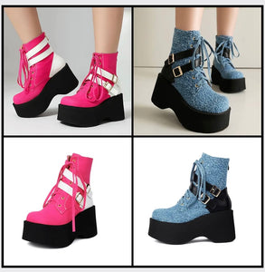 Women Fashion Color Patchwork Buckled Platform Ankle Boots
