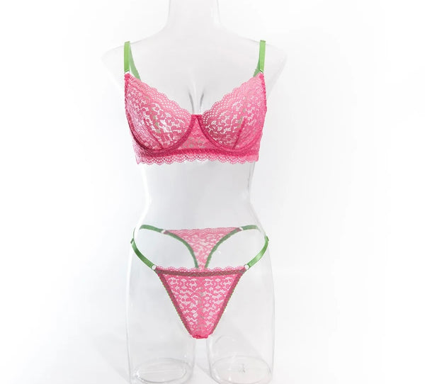 Women Sexy Pink Color Patchwork Lace Lingerie Set