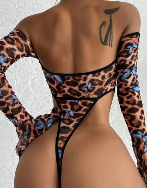 Women Sexy Off The Shoulder Leopard Print Bodysuit Lingerie