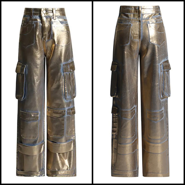 Women Metallic Cargo Fashion Denim Pants