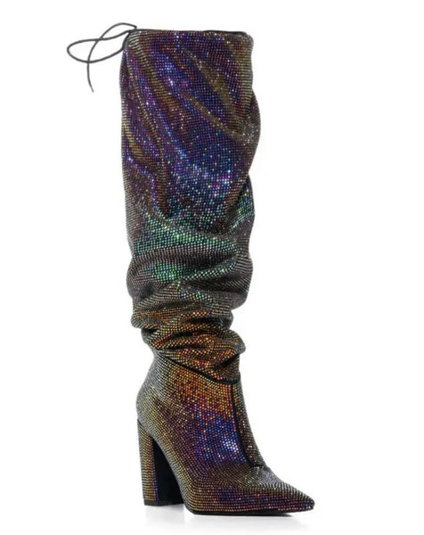 Women Colorful Bling Drawstring Knee High Boots