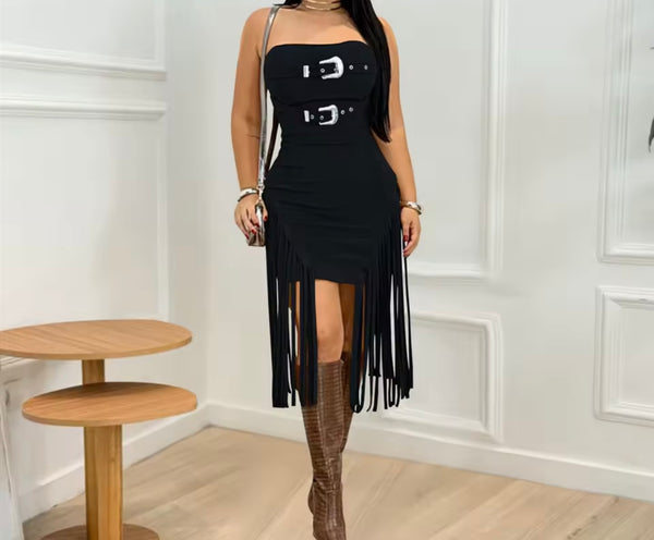 Women Sexy Buckled Strapless Fringe Tassel Suede Dress