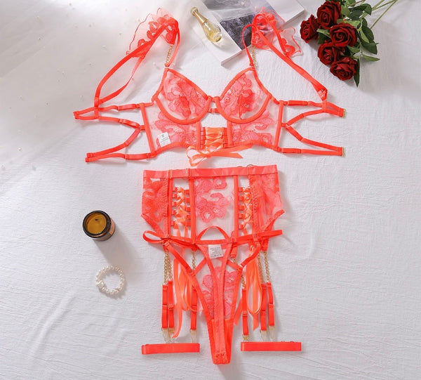 Women Neon Orange Sexy Lace Tie Up Lingerie Set