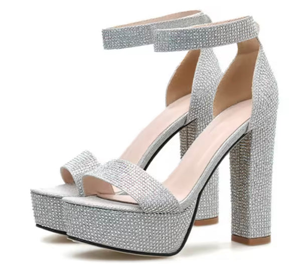 Women Fashion Silver Sparkly Platform High Heel Sandals