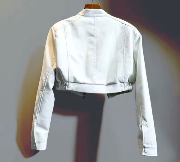 Women Faux Leather Zip Up Fashion Short Jacket