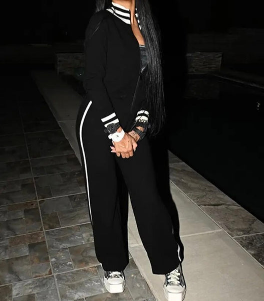 Women Black Striped Fashion Two Piece Tracksuit Pant Set