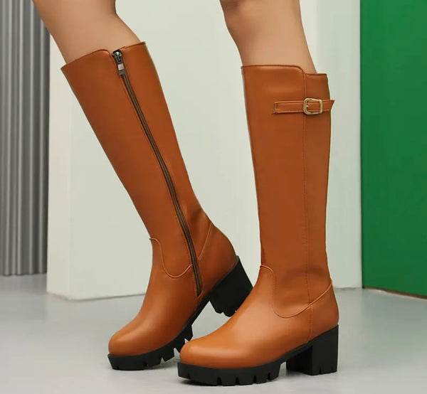 Women Fashion Round Toe Buckled Faux Leather Knee High Boots