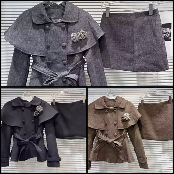 Women Fashion Bling Pin Button Up Jacket Two Piece Skirt Set