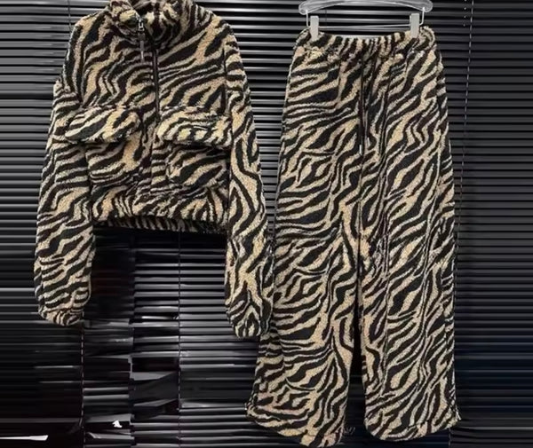 Women Fashion Animal Print Sweater Two Piece Pant Set
