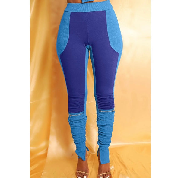 Women Fashion Color Patchwork Zipper Ruched Pants